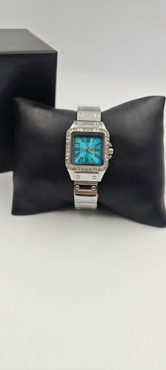 DIŞI GÜMÜŞ İÇİ TURKUAZ KARE BAYAN SAAT
