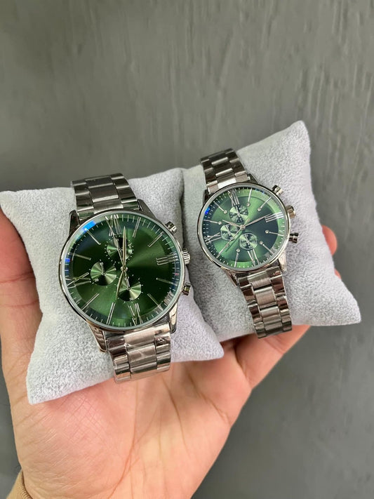 YAZISIZ ARMA DIŞI GÜMÜŞ İÇİ YEŞİL ÇİFT SAAT (ERKEK+BAYAN)