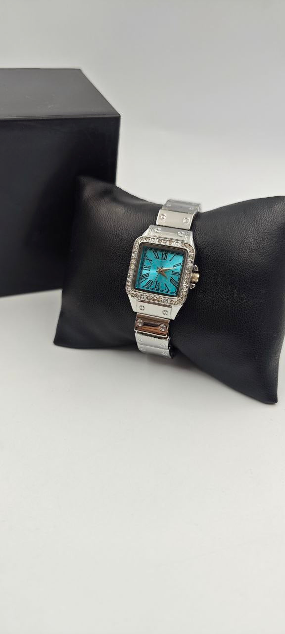 DIŞI GÜMÜŞ İÇİ TURKUAZ KARE BAYAN SAAT